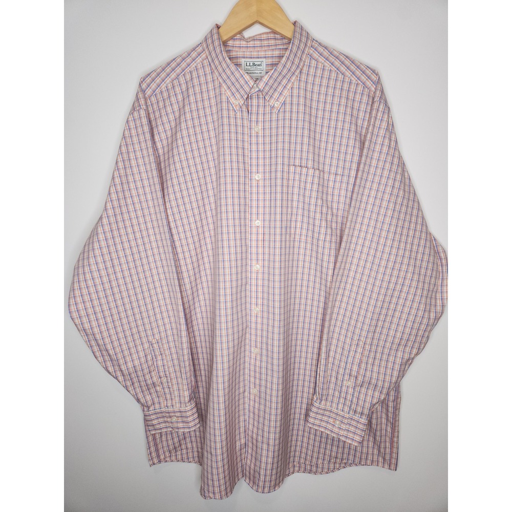 LL Bean Mens 2XL Tall Plaid Button Up Shirt Orange Blue 100% Cotton Standard fit